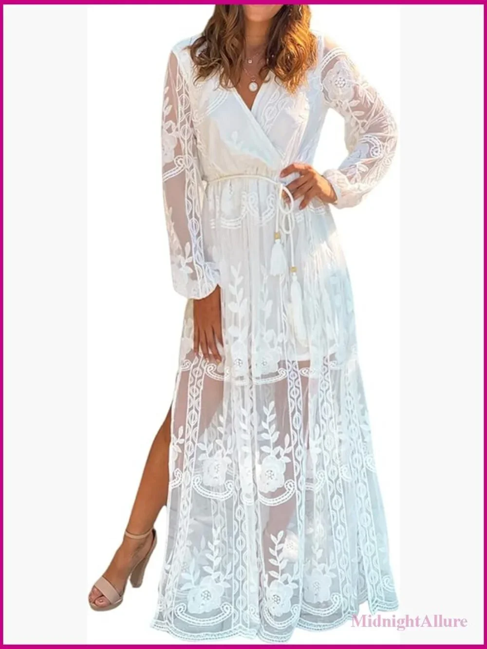 V Neck Floral Embroidered Lace Wedding Maxi Dress Boho Short Sleeve Slit